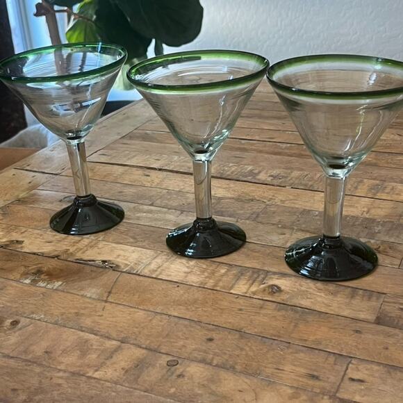 Mexican Hand Blown Martini Glasses Green Rim 7.25" Tall Set of 3 - Picture 4 of 11